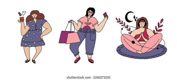 Fat body positive woman happy with peanut butter jar in hand. Vector illustration