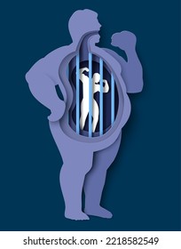 Fat body vector. Weight loss illustration. Man from obese to slim. Paper cut male person silhouette with bodybuilder behind cage design. Obesity and overweight problem