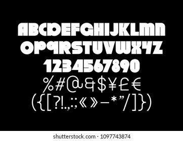 Fat and bold dynamic geometric weird font type, uppercase caps letters, numbers and numerals, currency signs (dollar, yen, euro, pound) and punctuation marks - cool for big size print and branding