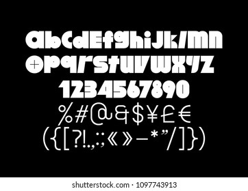 Fat and bold dynamic geometric weird font type, lowercase letters, numbers and numerals, currency signs (dollar, yen, euro, pound) and punctuation marks - cool for big size print and branding