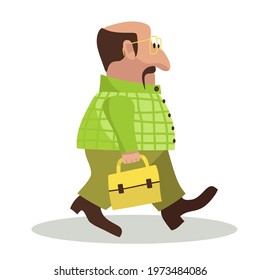 Fat and bold office worker walking with briefcase. Bussinesman going to office. Borring lifestyle 