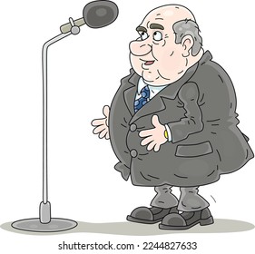 Fat boring bald-headed government official in gray suit making an important statement at a press conference, vector cartoon illustration isolated on a white background