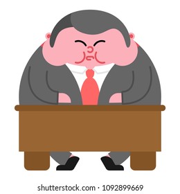 Fat boss and table. Thick Director. Office leader Vector illustration