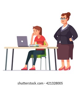 Fat boss woman looking over a shoulder on a weary, sleepy and exhausted employee working on a laptop computer sitting at office desk. Flat style color modern vector illustration.