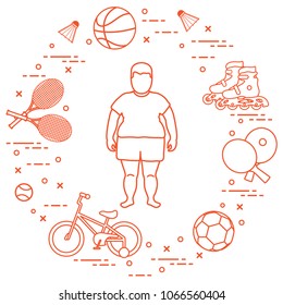 Fat boy, badminton rackets and shuttlecocks, football and basketball balls, rackets and balls for table tennis, kids bicycle, rollers. Sports and healthy lifestyle from childhood.