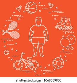Fat boy, badminton rackets and shuttlecocks, football and basketball balls, rackets and balls for table tennis, kids bicycle, rollers. Sports and healthy lifestyle from childhood.