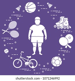 Fat boy, badminton rackets and shuttlecocks, football and basketball balls, rackets and balls for table tennis, kids bicycle, rollers. Sports and healthy lifestyle from childhood.