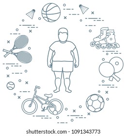 Fat boy, badminton rackets and shuttlecocks, football and basketball balls, rackets and balls for table tennis, kids bicycle, rollers. Sports and healthy lifestyle from childhood.