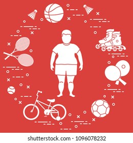 Fat boy, badminton rackets and shuttlecocks, football and basketball balls, rackets and balls for table tennis, kids bicycle, rollers. Sports and healthy lifestyle from childhood.