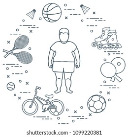 Fat boy, badminton rackets and shuttlecocks, football and basketball balls, rackets and balls for table tennis, kids bicycle, rollers. Sports and healthy lifestyle from childhood.