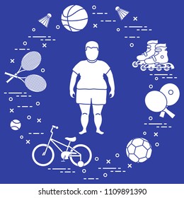 Fat boy, badminton rackets and shuttlecocks, football and basketball balls, rackets and balls for table tennis, kids bicycle, rollers. Sports and healthy lifestyle from childhood.