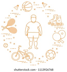 Fat boy, badminton rackets and shuttlecocks, football and basketball balls, rackets and balls for table tennis, kids bicycle, rollers. Sports and healthy lifestyle from childhood.