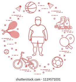 Fat boy, badminton rackets and shuttlecocks, football and basketball balls, rackets and balls for table tennis, kids bicycle, rollers. Sports and healthy lifestyle from childhood.