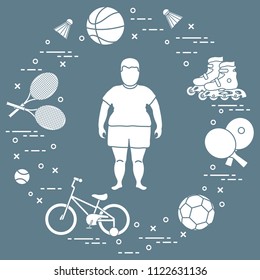Fat boy, badminton rackets and shuttlecocks, football and basketball balls, rackets and balls for table tennis, kids bicycle, rollers. Sports and healthy lifestyle from childhood.