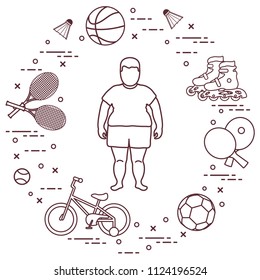 Fat boy, badminton rackets and shuttlecocks, football and basketball balls, rackets and balls for table tennis, kids bicycle, rollers. Sports and healthy lifestyle from childhood.