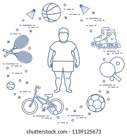 Fat boy, badminton rackets and shuttlecocks, football and basketball balls, rackets and balls for table tennis, kids bicycle, rollers. Sports and healthy lifestyle from childhood.