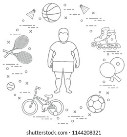 Fat boy, badminton rackets and shuttlecocks, football and basketball balls, rackets and balls for table tennis, kids bicycle, rollers. Sports and healthy lifestyle from childhood.