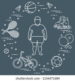 Fat boy, badminton rackets and shuttlecocks, football and basketball balls, rackets and balls for table tennis, kids bicycle, rollers. Sports and healthy lifestyle from childhood.