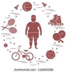 Fat boy, badminton rackets and shuttlecocks, football and basketball balls, rackets and balls for table tennis, kids bicycle, rollers. Sports and healthy lifestyle from childhood.