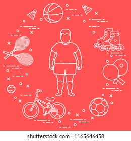 Fat boy, badminton rackets and shuttlecocks, football and basketball balls, rackets and balls for table tennis, kids bicycle, rollers. Sports and healthy lifestyle from childhood.