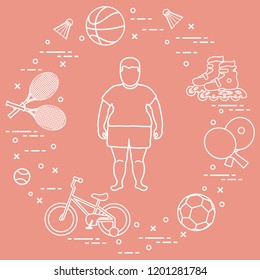 Chico gordo, raquetas de bádminton y lanzaderas, pelotas de fútbol y baloncesto, raquetas y pelotas para tenis de mesa, bicicleta infantil, rodillos. Deporte y estilo de vida saludable desde la infancia.