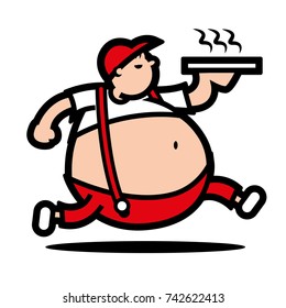 Fat boy with big tummy delivery hot pizza - vector character