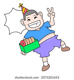fat boy is bringing donuts for new year celebration, vector illustration art. doodle icon image kawaii.