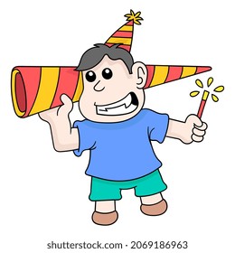fat boy is bringing fireworks for the new year party, vector illustration art. doodle icon image kawaii.
