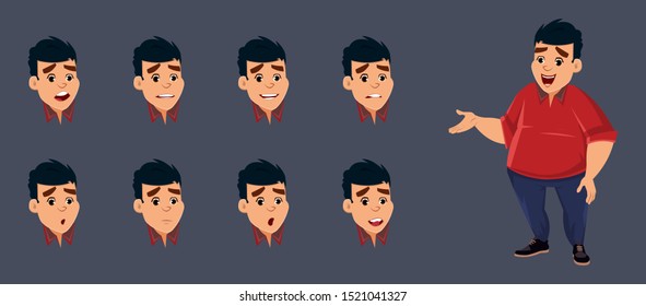 Fat boy character with various facial emotions. Fat boy character with different emotions and expression set. 