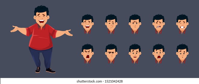 Fat Boy Character With Various Facial Emotions. Character For Custom Animation. Smart Boy Various Avatar Emotion Set.