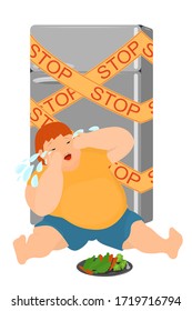 Fat boy cries at the closed refrigerator. Vegetarian diet. Childhood obesity. The problem of overeating, unhealthy nutrition in children. Vector in a flat style. Isolated on a white.
