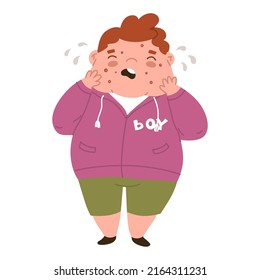 Fat boy is crying because of pimples on her face. Junk food, malnutrition. Diseases of the gastrointestinal tract. Acne, skin problems, puberty. Flat style in vector illustration 