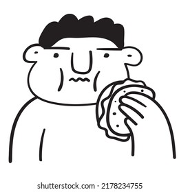 Fat Boy Eat Taco. Outline Vector Icon On White Background.