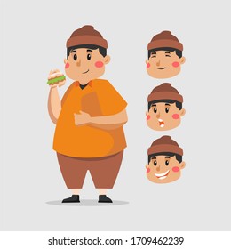 a fat boy eating burgers vector illustration with three head expressions