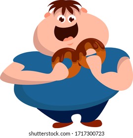 Fat boy eating donut, illustration, vector on white background