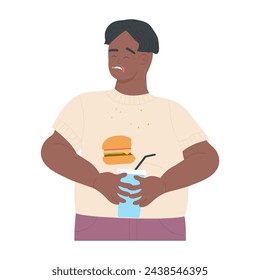 Gordo comiendo comida rápida. Hombre con sobrepeso con comida chatarra, dieta de pérdida de peso ilustración vectorial de dibujos animados