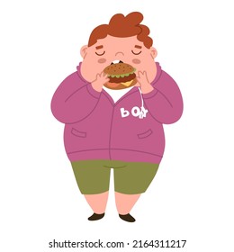 Fat Boy is eating a hamburger. Children's healthcare. Fight against childhood obesity. Diseases of the gastrointestinal tract. Wrong nutrition. Flat style in vector illustration.