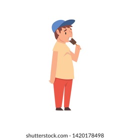 Fat Boy Eating Ice Cream, Cute Overweight Child Character Vector Illustration