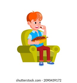 fat boy eating sweets, sugar food. vector flat cartoon illustration