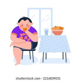 Fat Boy Eats Cookies. Weak Willpower. Cartoon Style.