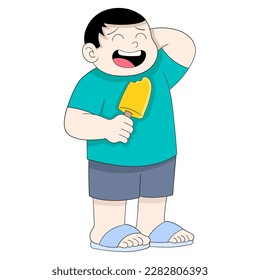 a fat boy is embarrassed because he eats ice cream during Ramadan. vector design illustration art