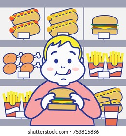 fat boy enjoy eating burger in restaurant, obesity concept