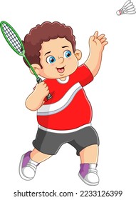 Fat boy playing badminton with the racket in action of illustration