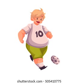 Fat boy playing football, cartoon vector illustration isolated on white background. Obese, fat, chubby kid playing football, doing sport, getting fit, active lifestyle