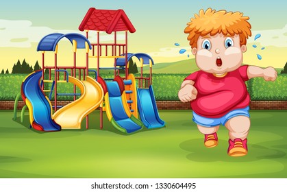 A fat boy running at the park illustration