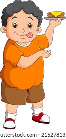 The fat boy is showing a delicious pancake that he made of illustration