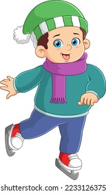 A fat boy skating in winter of illustration