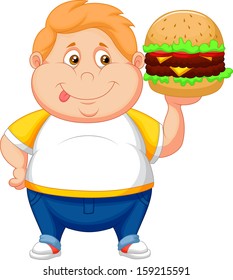 Fat boy smiling and ready to eat a big hamburger