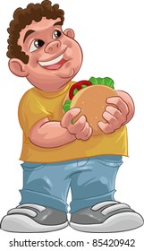fat boy smiling and ready to eat a big hamburger