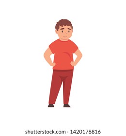 Fat Boy Standing with Hands in His Waist, Cute Overweight Child Character Vector Illustration